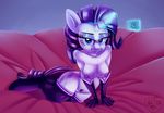  2016 anthro anthrofied areola blue_eyes breasts clothing condom cutie_mark equine eyeshadow female friendship_is_magic gloves glowing hair hi_res horn legwear levitation long_hair looking_at_viewer magic makeup mammal my_little_pony nipples oddciders one_eye_closed pubes purple_hair pussy rarity_(mlp) smile solo thigh_highs unicorn white_skin 