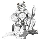  2015 abs ambiguous_gender anthro bdsm charr claws fangs feline female flat_chested flogger fur guild_wars hand_on_hip harness hindpaw horn kyvax leash looking_at_viewer maara mammal multi_ear muscular nude paws pose simple_background solo teeth video_games whip white_fur 