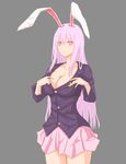  animal_ears bad_id bad_pixiv_id blazer breasts bunny_ears cleavage cowboy_shot crescent crescent_moon_pin jacket large_breasts light_frown long_sleeves looking_at_viewer moya-shi pink_eyes pink_skirt purple_hair reisen_udongein_inaba simple_background skirt solo thighs touhou 