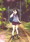  black_hair brown_eyes long_hair md5_mismatch original plaid plaid_skirt railroad_signal railroad_tracks school_uniform skirt smile solo sweater_vest umeboshitora 