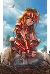  2016 armor barefoot bird_nest braid breasts cleavage dated dirty_feet egg feet fingerless_gloves freckles gloves indian_style les_chevaucheurs long_hair maxa' medium_breasts navel object_on_head phenice_walholl red_hair sitting soles solo tank_top toeless_legwear toenails toes twin_braids yellow_eyes 