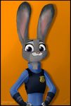  2016 anthro clothed clothing disney female fur gradient_background grey_fur judy_hopps lagomorph long_ears mammal orange_background police_uniform rabbit simple_background smile solo twotail813 uniform zootopia 