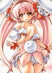  animal_ears bare_shoulders blush bow breasts bunny_ears bunny_tail choker di_gi_charat dice dice_hair_ornament hair_bow hair_ornament large_breasts long_hair looking_at_viewer looking_back marker_(medium) millipen_(medium) pink_hair red_eyes solo tail traditional_media twintails usada_hikaru yutakasan-love 