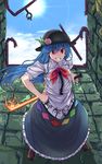  absurdres blue_hair blue_sky cloud day dress food fruit full_body grin gunjin_(aguran) hat highres hinanawi_tenshi long_hair looking_at_viewer peach puffy_sleeves red_eyes short_sleeves sky smile solo sun sword_of_hisou touhou 