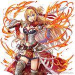  armor bikini_armor blonde_hair blue_hair fire gloves headdress jewelry long_hair looking_at_viewer madogawa necklace official_art original skirt smile solo sword tower_of_dragon weapon 