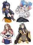  4girls armor barbariank blue_hair breasts brown_eyes brown_hair cleavage fire_emblem fire_emblem_if gradient_hair grey_eyes grey_hair hair_over_one_eye headband kazahana_(fire_emblem_if) long_hair messy_hair multicolored_hair multiple_girls nyx_(fire_emblem_if) oboro_(fire_emblem_if) ophelia_(fire_emblem_if) pieri_(fire_emblem_if) pink_eyes pink_hair ponytail simple_background smile twintails two-tone_hair white_background 
