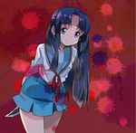  arms_behind_back asakura_ryouko blood blood_splatter blue_eyes blue_hair kita_high_school_uniform knife long_hair red_background school_uniform serafuku smile solo sunameri_oishii suzumiya_haruhi_no_yuuutsu 