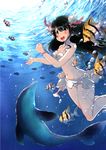  air_bubble barefoot beads bikini black_hair blush bracelet breasts bubble cleavage dolphin fish freediving front-tie_top highres jewelry long_hair medium_breasts mochizuki_usagi moe2016 navel ocean open_mouth original red_eyes sarong solo swimming swimsuit underwater white_bikini 
