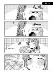  1girl ahoge bow bowtie braid comic eyes_closed greyscale highres holding_clothes imu_sanjo kantai_collection laundry long_hair long_sleeves mole mole_under_mouth monochrome school_uniform silent_comic single_braid smile translation_request very_long_hair washing_machine yuugumo_(kantai_collection) 
