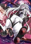  airfield_hime ankle_boots ayakase_hotaru boots breasts crossed_legs highres horn horns kantai_collection long_hair looking_at_viewer machinery medium_breasts red_eyes shinkaisei-kan sitting smile solo turret white_footwear white_hair white_skin 