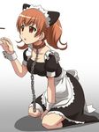  1girl awa breasts brown_hair chains collar feet inu_x_boku_ss kneeling legs looking_away maid maid_headdress no_shoes open_mouth parted_lips red_eyes roromiya_karuta serious simple_background sitting slave socks solo thighs white_background wrist_cuffs 