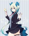  aqua_hair blue_eyes breasts candy food gloves highres holding holding_food horns ice_cream_cone jacket lollipop long_hair looking_at_viewer medium_breasts muryotaro necktie original pleated_skirt red_neckwear simple_background skirt solo star 