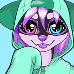  2016 anthro baronessa black_fur blue_background blue_eyes canine clothed clothing english_text female fur furgonomics grey_hair hair heterochromia hoodie lilith_nova looking_at_viewer mammal multicolored_hair pink_eyes purple_fur purple_hair purple_nose purple_tongue ryokowolf simple_background smile solo teeth text tongue tongue_out white_fur white_hair 
