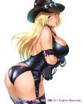  ass black_gloves black_legwear black_panties blonde_hair blue_eyes blush bondage_outfit breast_hold breasts choker cleavage company_name cowboy_hat dmm elbow_gloves fumizuki_misoka gloves hat huge_ass large_breasts long_hair looking_at_viewer otoko_no_itadaki panties simple_background skin_tight smile solo thighhighs underwear watermark white_background 