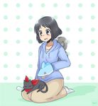  black_hair cat hood hoodie nichijou sakamoto_(nichijou) scarf shark shinonome_nano sitting spewing_mews 