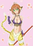  animal_ears blush breasts breath_of_fire breath_of_fire_ii bustier cat_ears cat_tail chigusa cleavage facial_mark furry gloves green_eyes hair_between_eyes highres large_breasts no_panties no_pants orange_hair pointy_ears rinpoo_chuan short_hair smile solo tail 