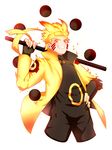  blonde_hair cropped_legs escrima_stick facial_mark forehead_protector glowing glowing_hair looking_at_viewer male_focus naruto naruto_shippuuden smile solo spiked_hair staff upper_body uz uzumaki_naruto whiskers 