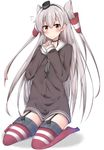  amatsukaze_(kantai_collection) brown_eyes choker garter_straps kantai_collection kyuukon_(qkonsan) long_hair looking_at_viewer red_legwear school_uniform serafuku silver_hair simple_background sitting smile solo striped striped_legwear thighhighs wariza white_background 