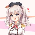  beret blush breasts epaulettes grey_eyes hat heart kantai_collection kashima_(kantai_collection) large_breasts looking_at_viewer military military_uniform red_ribbon ribbon rikoma sidelocks silver_hair solo uniform wavy_hair 