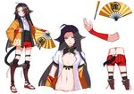  animal_ears arm_warmers bell black_hair boots cat_ears cat_tail character_sheet corset cutout fan fang full_body hair_ornament highres jacket japanese_clothes jingle_bell kneehighs long_hair looking_at_viewer multiple_views navel open_clothes open_mouth paper_fan pink_eyes pixiv_fantasia pixiv_fantasia_t realmbw reference_sheet sandals short_sleeves shorts simple_background tabi tail thigh_strap very_long_hair white_background 