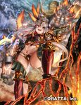  :d ass breastplate chain chloris_garden circlet gauntlets greaves grey_hair holding holding_sword holding_weapon horns jewelry long_hair looking_at_viewer molten_rock monster_girl navel official_art open_mouth ponytail smile solo sword teeth weapon yana_(nekoarashi) 