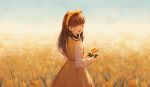  1girl :d ^_^ bangs blue_sky blush bow brown_hair closed_eyes commentary_request copyright_request day dress eyes_closed facing_viewer field flower flower_field hair_bow hairband holding holding_flower ji_dao_ji long_hair long_sleeves open_mouth outdoors shirt sky sleeveless sleeveless_dress smile solo tulip white_shirt yellow_bow yellow_dress yellow_flower yellow_hairband 