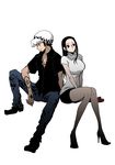  1girl artist_request bent_knees black_hair blue_eyes body_piercing couple earrings facial_hair gift goatee hat jewelry light_background long_hair nico_robin one_piece short_hair simple_background sitting tattoo trafalgar_law white_background 