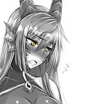  bare_shoulders blush dragon_(monster_girl_encyclopedia) dragon_girl embarrassed fang flying_sweatdrops full-face_blush greyscale head_fins horns long_hair looking_away monochrome monster_girl monster_girl_encyclopedia open_mouth sanmotogoroo scales simple_background slit_pupils solo spot_color sweatdrop yellow_eyes 