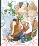  ass bandana bike_shorts black_shorts brown_hair cloud dress flower gen_3_pokemon gen_4_pokemon glaceon gloves grass green_eyes haruka_(pokemon) holding holding_poke_ball ice latias materclaws open_mouth orange_dress orange_shirt poke_ball pokemon pokemon_(creature) pokemon_(game) pokemon_emerald pokemon_rse rayquaza regice regirock registeel relicanth rock shirt shorts simple_background white_flower 