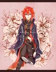  1boy bara_no_maria bent_knees boots flower gold_eyes looking_at_viewer male_focus mariarose_(bara_no_maria) midair red_hair shoes sitting 