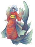  1girl 4139 blindfold female full_body japanese_clothes kimono mermaid monster_girl obi original sash simple_background solo white_background 
