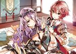  breasts camilla_(fire_emblem_if) circlet cleavage endou_okito fabric fire_emblem fire_emblem_if hair_over_one_eye hinoka_(fire_emblem_if) large_breasts multiple_girls needle official_art purple_eyes purple_hair red_hair sewing_needle 