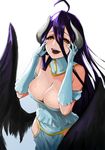  ahoge albedo black_wings breasts cleavage cowboy_shot dress elbow_gloves eyeshadow feathered_wings gloves gradient gradient_background hands_on_own_face horns it_apollo large_breasts lipstick long_hair looking_at_viewer makeup open_mouth overlord_(maruyama) purple_hair slit_pupils smile solo wings yellow_eyes 