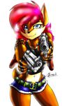  2016 akatsukishiranui-fox anthro big_breasts biped blue_eyes breasts brown_fur chipmunk clothed clothing female fur gun hair hi_res mammal ranged_weapon red_hair rodent sally_acorn solo sonic_(series) tattoo weapon 