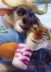  2016 anhes anthro beverage bovine buffalo chief_bogo clothing coffee disney feline food hooves hug male male/male mammal police stripper_tiger_(zootopia) tiger uniform zootopia 