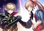  armor blonde_hair brown_hair fire_emblem fire_emblem_if fujiwara_ryo hairband handshake leon_(fire_emblem_if) long_hair male_focus multiple_boys official_art ponytail red_eyes takumi_(fire_emblem_if) 