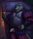  alligator anthro armor balls clothed clothing crocodilian looking_at_viewer male medieval melee_weapon noodlewd outside penis reptile scalie solo sword uncut weapon 