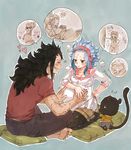  1girl 2boys animal barefoot bent_knees black_hair blue_hair cat couple earrings eyes_closed fairy_tail gajeel_redfox headband heart jewelry levy_mcgarden long_hair multiple_boys open_mouth pantherlily pantyhose pillow pregnant rusky-boz short_sleeves simple_background sitting smile t-shirt teeth 