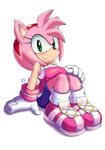  1girl 2016 amy_rose anthro bare_shoulders black_nose blush clothing coolblue female footwear fur furry gloves green_eyes hair headband hedgehog mammal pink_hair short_hair shorts signature simple_background sitting smile solo sonic_(series) sonic_the_hedgehog video_games 