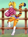  anthro big_breasts big_butt blonde_hair breasts butt clothing cutoffs denim_shorts feline female fur green_eyes hair huge_breasts hyper hyper_breasts looking_at_viewer mammal orange_fur outside paws shirt shorts smile solo spazzykoneko stripes tabytha tiger 