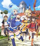  3girls aqua_(konosuba) boots breasts cloud darkness_(konosuba) day jpeg_artifacts kikuta_kouichi knee_boots kono_subarashii_sekai_ni_shukufuku_wo! medium_breasts megumin multiple_girls no_panties official_art outdoors satou_kazuma thigh_boots thighhighs 