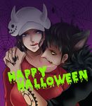  1girl animal_ears artist_request biting black_hair blood body_piercing couple earrings facial_hair goatee gold_eyes halloween jewelry long_hair nico_robin one_piece short_hair tattoo tongue trafalgar_law wolf_ears 