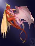  2019 anthro digital_media_(artwork) dragon duo ember_(spyro) female horn male membranous_wings minerea nude pinkdragonlove scalie simple_background spines western_dragon wings 