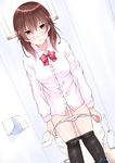  blush bow brown_eyes brown_hair dress_shirt long_hair looking_at_viewer mikage_takashi no_pants open_mouth original panties panty_pull pantyhose pantyhose_pull restroom school_uniform shirt skirt skirt_pull solo toilet toilet_brush toilet_paper underwear white_panties 