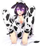  animal_costume animal_hood animal_print bad_id bad_pixiv_id barefoot beifeng_han black_hair breasts cow_costume cow_print feet full_body glowing glowing_eyes hair_between_eyes hood hoodie large_breasts long_hair looking_at_viewer miyaura_sanshio open_mouth original pajamas purple_eyes simple_background solo toes unbuttoned 