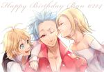  1girl 2boys ahoge ban_(nanatsu_no_taizai) birthday blonde_hair blue_hair elaine green_eyes hand_on_shoulder happy light_background meliodas multiple_boys nanatsu_no_taizai red_eyes scar short_hair simple_background sleeveless smile strapless white_background white_dress wink 