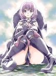  armor armored_boots artist_name bangs bare_shoulders between_legs black_footwear blush boots breasts brooch cape eyebrows eyebrows_visible_through_hair fingerless_gloves full_body gem giantess gloves hai_to_gensou_no_grimgar hat jewelry knee_boots knees_together_feet_apart large_breasts lavender_eyes lavender_hair looking_at_viewer shihoru_(grimgar) short_hair solo thigh_boots thighhighs thighs torajimaneko 