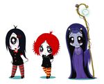  3girls blush dress freckles iris_(ruby_gloom) misery_(ruby_gloom) multiple_girls ruby_gloom ruby_gloom_(character) striped_socks 