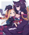  2girls abigail_williams_(fate/grand_order) age_difference animal_ear_fluff animal_ears bangs bell black_bow black_dress black_hair blonde_hair blush bow braid breasts cat_ears cat_girl character_request child cleavage commentary_request dress fate/grand_order fate_(series) flower fur_trim green_eyes hair_between_eyes hair_bow hair_ornament hair_ribbon hairband japanese_clothes kimono long_hair long_sleeves looking_at_viewer multiple_girls off_shoulder parted_bangs puffy_sleeves red_bow ribbon short_hair short_sleeves sleeves_past_fingers sleeves_past_wrists thighhighs totatokeke twin_braids wide_sleeves 