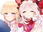  1other ^_^ androgynous biskekun blonde_hair blue_eyes bow chevalier_d'eon_(fate/grand_order) closed_eyes fate/grand_order fate_(series) gloves hair_bow hands_on_another's_shoulders hat hat_removed headwear_removed marie_antoinette_(fate/grand_order) open_mouth ponytail red_gloves smile white_hair 